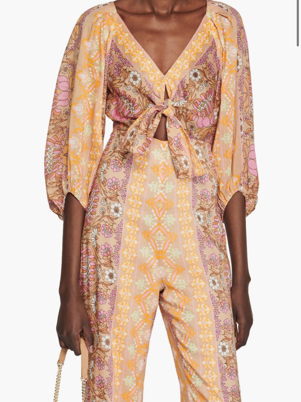 Sandro Paris Boho Floral Tie-Front Jumpsuit In Pink, Orange & Tan